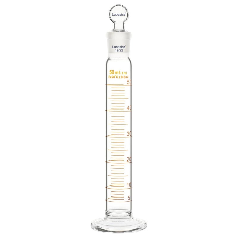 Labasics Graduated Cylinder with Stopper, 50 ml Borosilicate Glass Measuring Cylinder with 19/22 Standard Ground Joint Stopper, Durable Laboratory Glassware for Accurate Liquid Measurement - Image 1